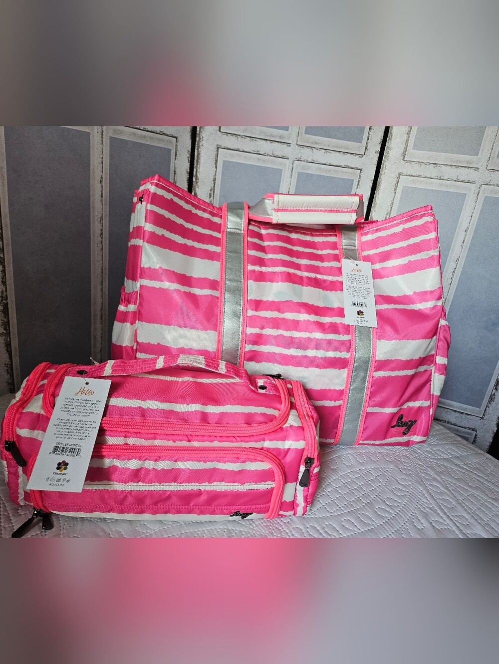 NWT Lug Set: Magenta Stripe Rover XL Tote & Trolley Travel Case, *Slight Flaw - Picture 15 of 15